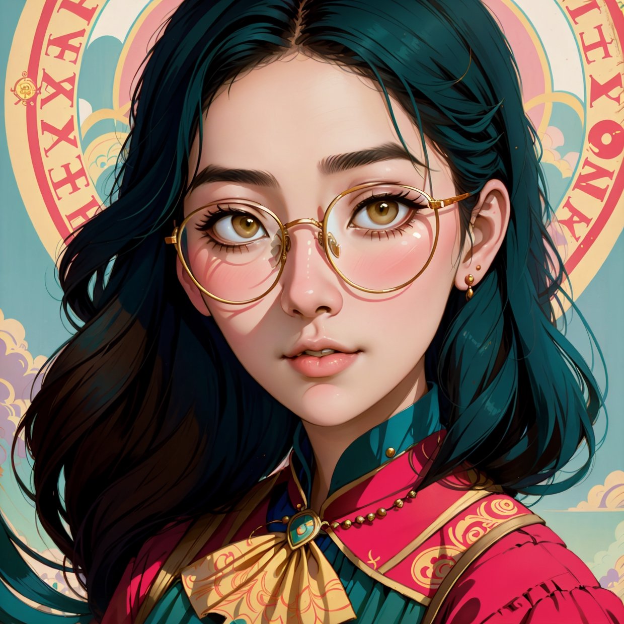 A beautiful portrait of juliachang in a whimsical and colorful circus setting, featuring intricate details and a retro aesthetic, glasses, created in the art style of Conrad Roset and Jeremy Lipkin