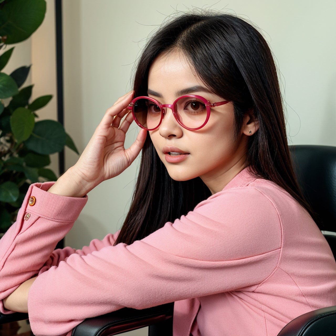 Japan woman sitting on chair with glasses on face, sunglasses, wearing glasses, Urzan, woman with rose-colored glasses, Diravadi Lumrat, wearing thin big round glasses, wearing pink glasses, wearing small round glasses, portrait jiss blackpink, blackpink jisoo, blackpink jisoo, square glasses, sunglasses