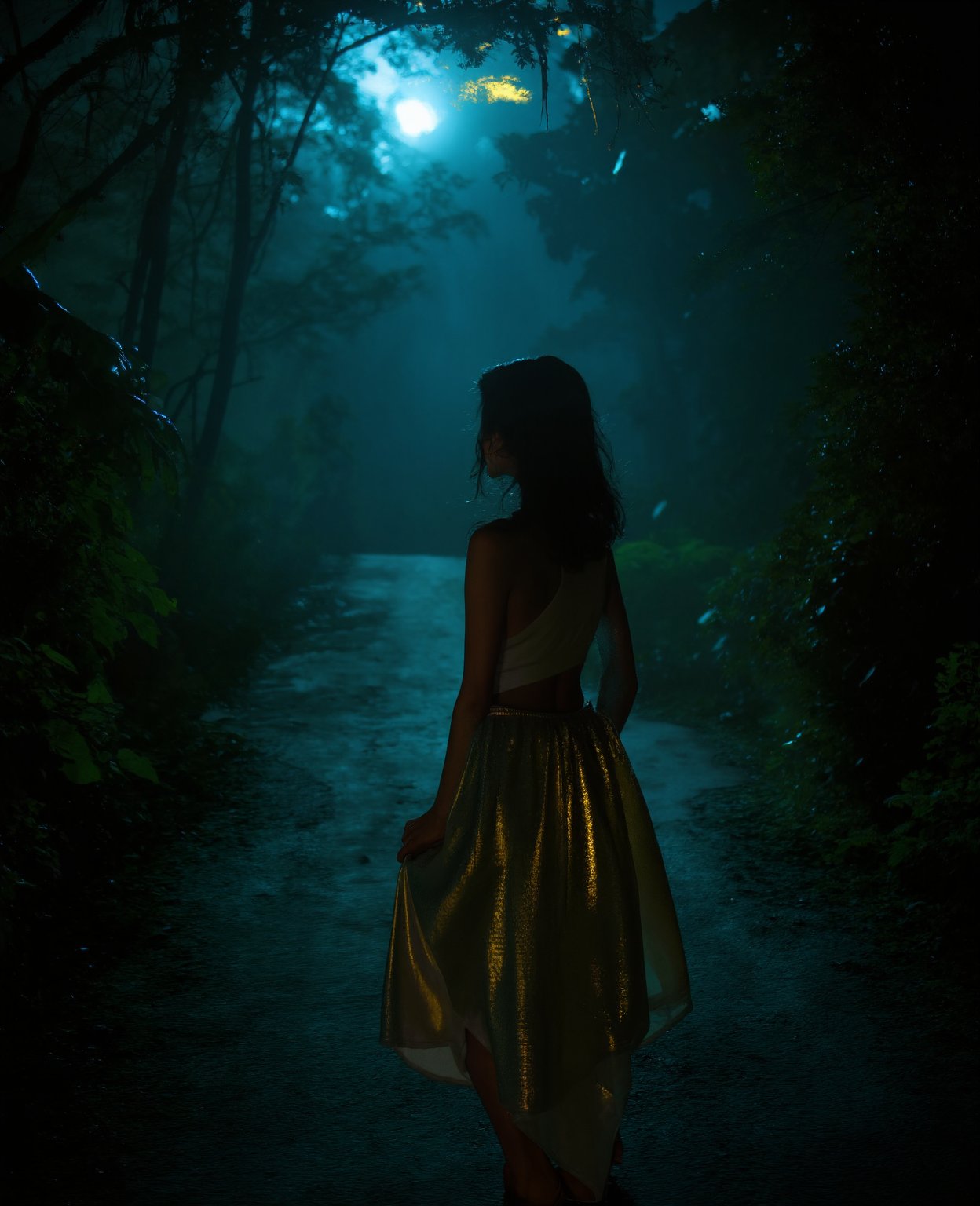 A mystical scene unfolds: a lone girl stands at the edge of a dense jungle, where vines and leaves seem to writhe like snakes. Before her lies a moonlit road, vanishing into darkness. She wears a shimmering skirt that flows like the stars above, paired with a daring crop top that catches the faint light. The air is heavy with tropical scents as she poses, one foot forward, her profile bathed in an ethereal glow.