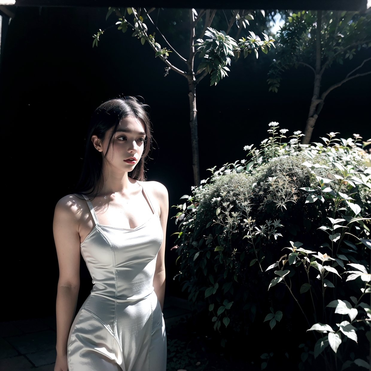 a girl in a black and white garden, pencil sketch, intricate details, high contrast, moody atmosphere, soft shadows, fine lines, textured surfaces, delicate flowers, vintage aesthetic, monochrome tones, classic film noir style, striking composition, dramatic lighting, cinematic mood, timeless elegance, black and white photography,1 girl 