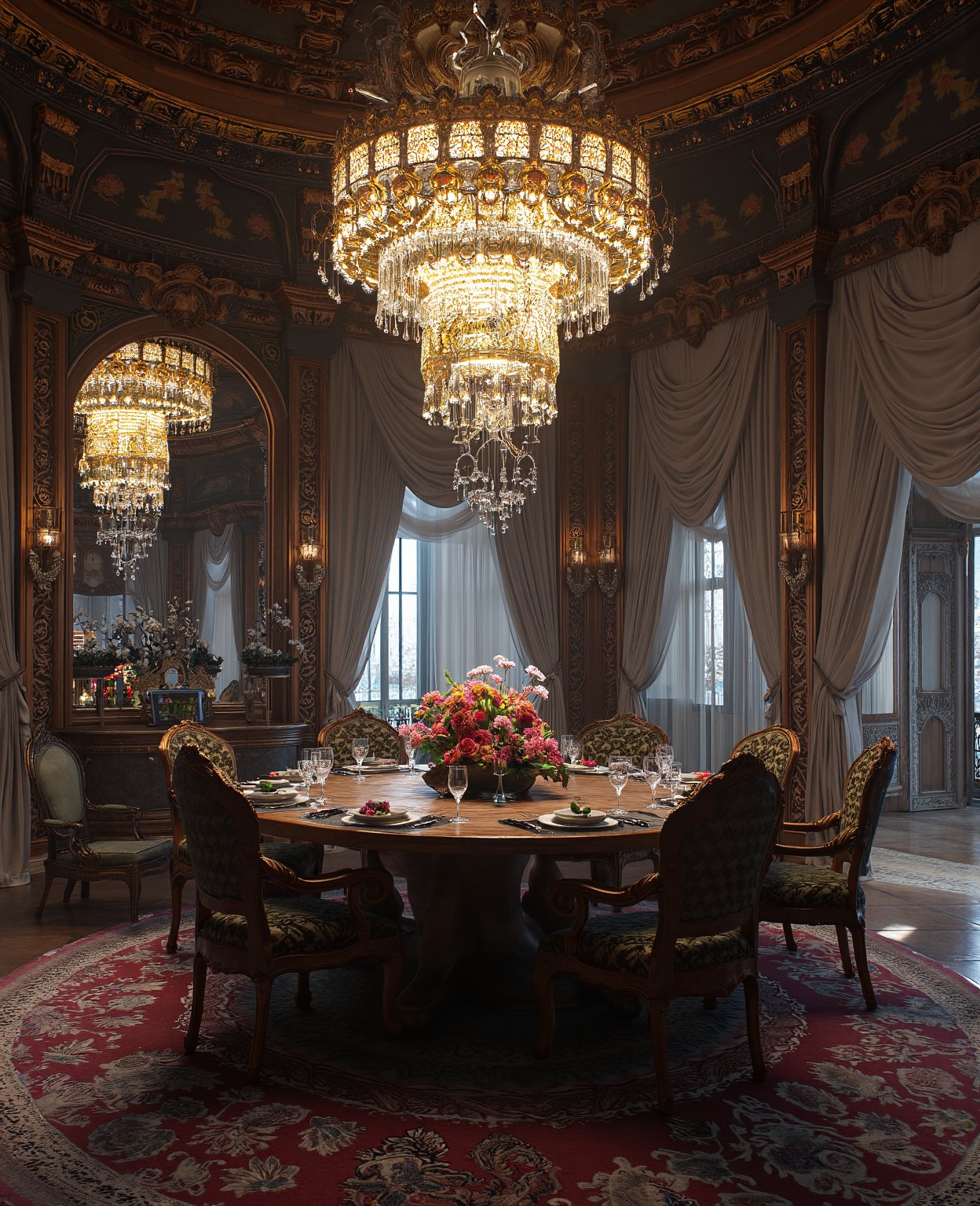 there is a dining room with a table and chairs and a chandelier, cgsociety 9, futuristic persian palace, cgsociety unreal engine, redshift houdini, futuristic. game cg, unreal engine cinema4d, ornate cyberpunk interior, hyperrealistic symmetrical 8k, rene lalique and eddie mendoza, cinematic unreal 5, cinematic smooth unreal engine