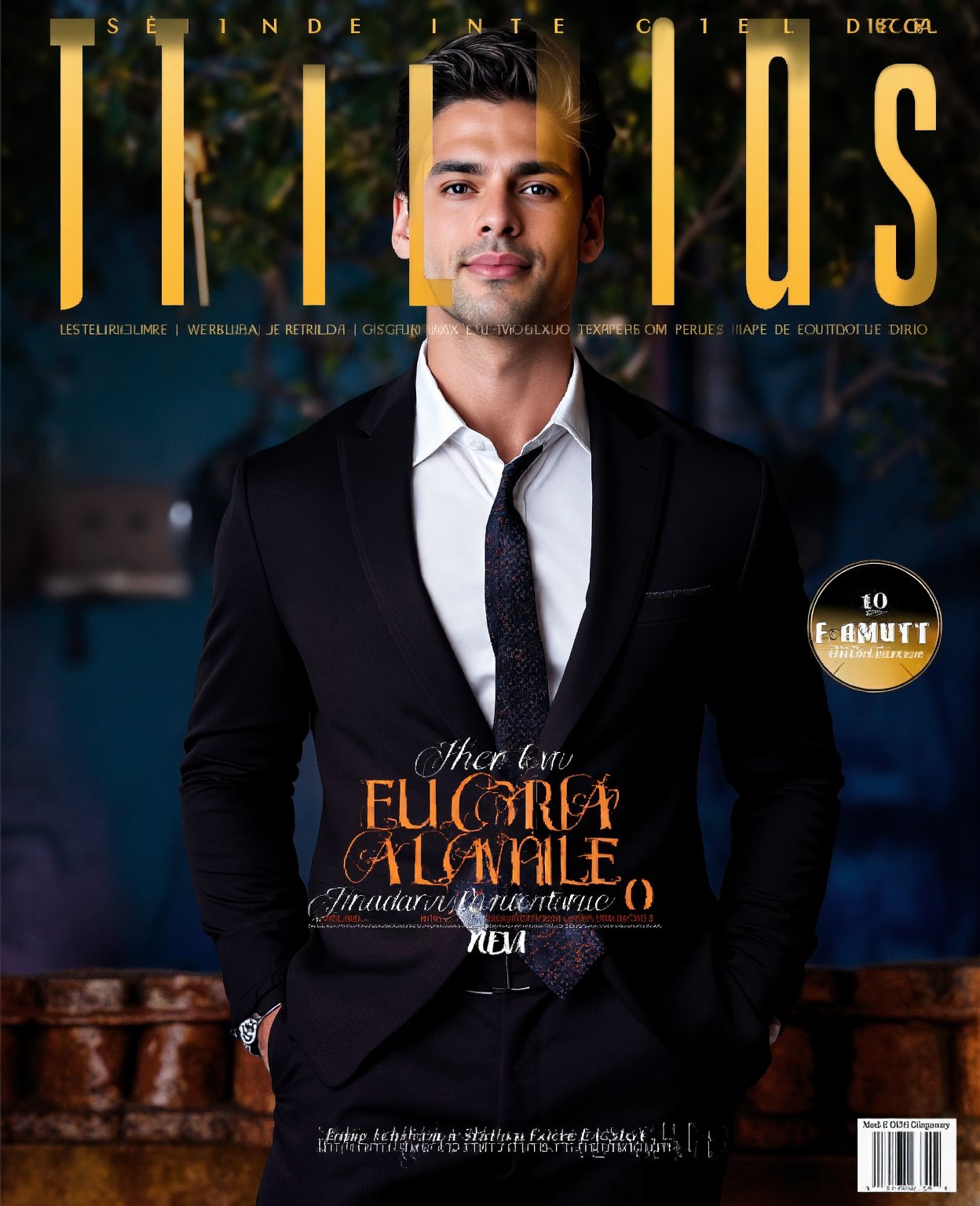 A stunning magazine cover features a handsome man posing confidently in elegant attire. He wears a sleek black tuxedo with a crisp white shirt and a patterned tie, exuding sophistication. His chiseled features are lit by a warm golden glow, highlighting his piercing blue eyes and strong jawline. The camera frames him from the chest up, emphasizing his broad shoulders and chiseled physique. The background is a subtle gradient of dark blues and purples, adding depth to the composition. The title daily theme in bold font dominates the top half of the cover, while the tagline Atractivo en Ropa Elegante curves around the bottom edge, drawing attention to the magazine's focus on stylish men's beauty.