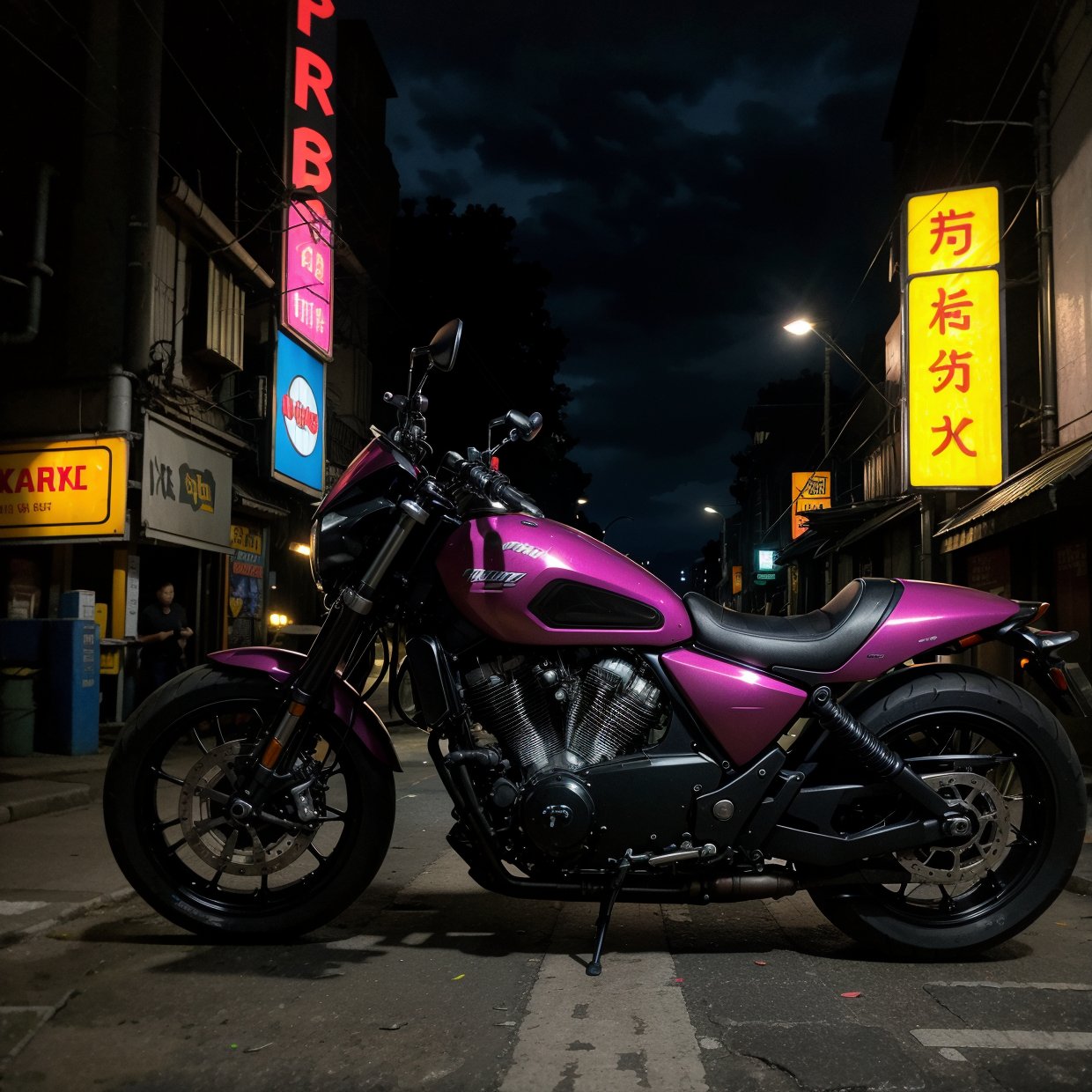 A detailed cyberpunk motorcycle, chrome and neon, futuristic design, dynamic pose, dramatic lighting, glowing details, intricate mechanical parts, depth of field, hyper-realistic, cinematic composition, vibrant colors, neon signs in the background, moody atmosphere