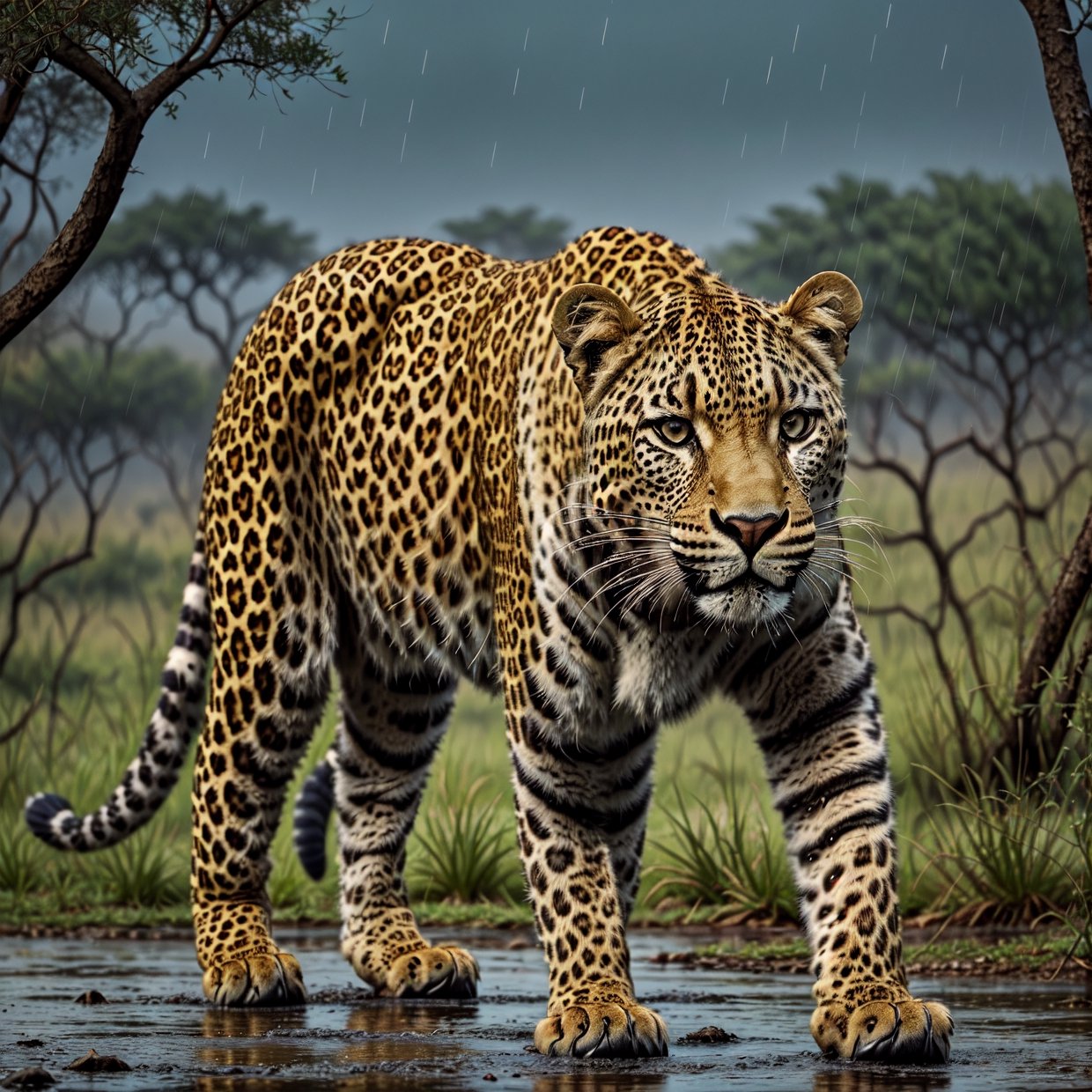 a leopard in a rainy savanna at dusk, realistic, 4k, extremely detailed, highly detailed animal, realistic fur, realistic lighting, dramatic lighting, moody atmosphere, muted colors, beautiful cinematic composition, photorealistic, award winning photograph