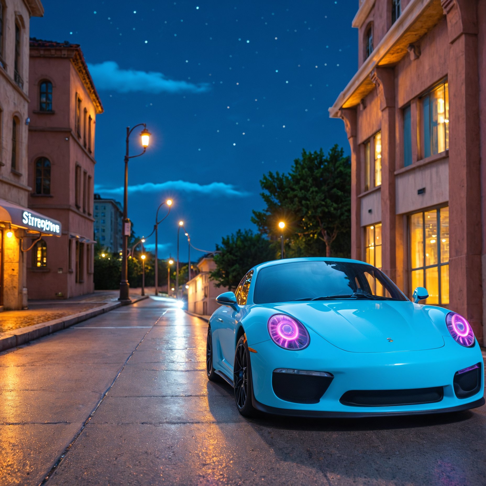 A Porsche 911 parked on a scenic road at sunset, with a stylish woman standing beside it. The cityscape of the metropolis unfolds in the background, showcasing towering skyscrapers and vibrant streetlights as the day transitions to night.