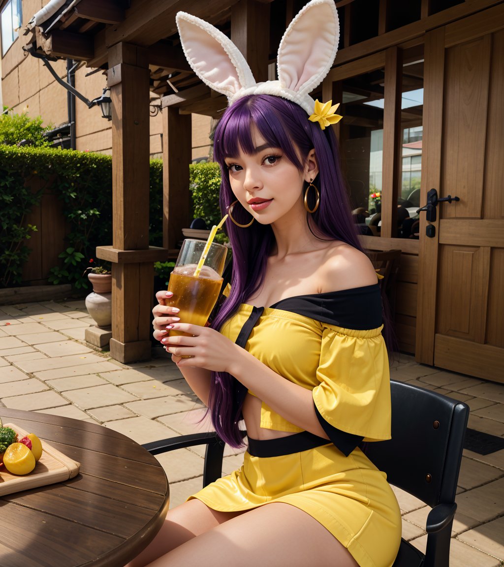 Generate hyper realistic image of a playful woman with bunny ears and an hourglass body, sitting at a table outdoors. Her long, purple hair is adorned with fake animal ears, and her parted bangs frame her face delicately. Dressed in a yellow off-shoulder shirt and a black miniskirt, she holds a cup with a drinking straw, her earrings glinting in the daylight.