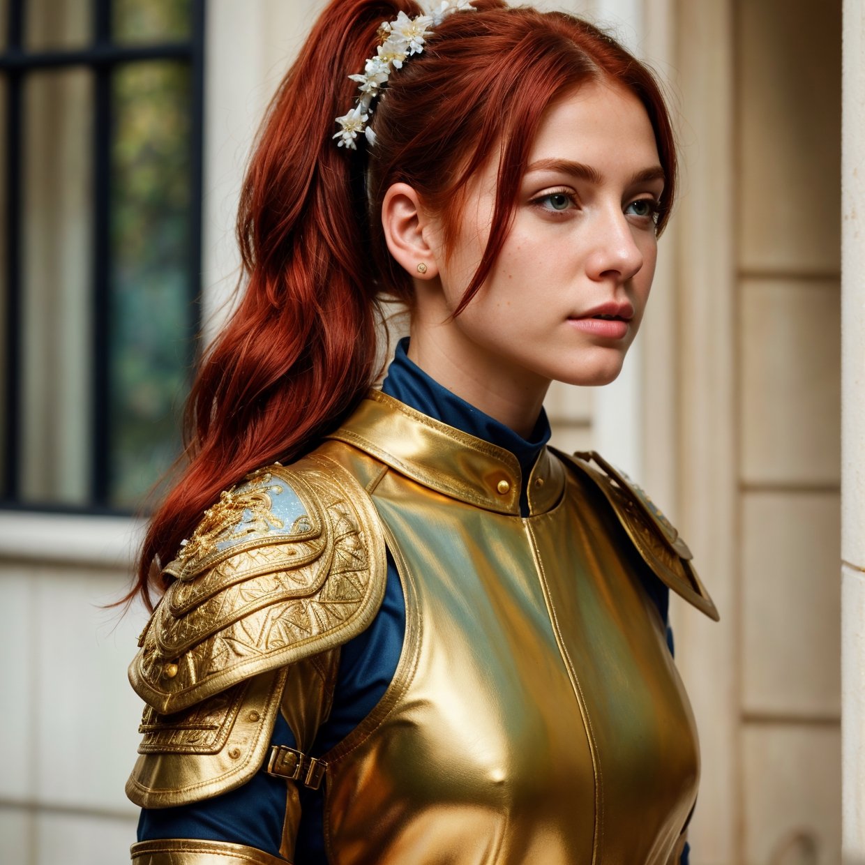 (8k, RAW photo, best quality, masterpiece:1.2), (realistic, photo-realistic:1.4), (extremely detailed CG unity 8k wallpaper), a full body (rogue:1.1) female wearing gold (leather armor:1.3), stiched worn out armor, (insanely detailed:1.5), gold and (white:1.5), Concept art portrait by Greg rutkowski, Artgerm, hyperdetailed intricately detailed gothic art trending on Artstation, fantastical, intricate detail, (small blue highlights:1), (redhead, wavy hair, high ponytail)