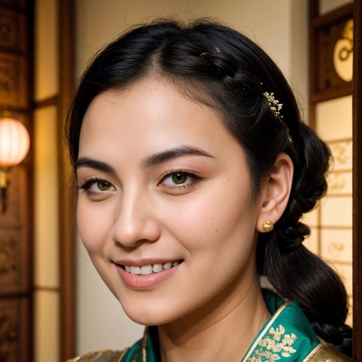 Masterpiece, best, night, full moon, 1 female, mature woman, Chinese style, ancient China, elder sister, royal sister, smile, dark brown hair, dark hair, princess cut, braid, curly hair, double ball head, pale pink Lips, calm, intellectual, medium hair, green pupils, hairpin, hydrangea, delicate face, face close-up, hand close-up