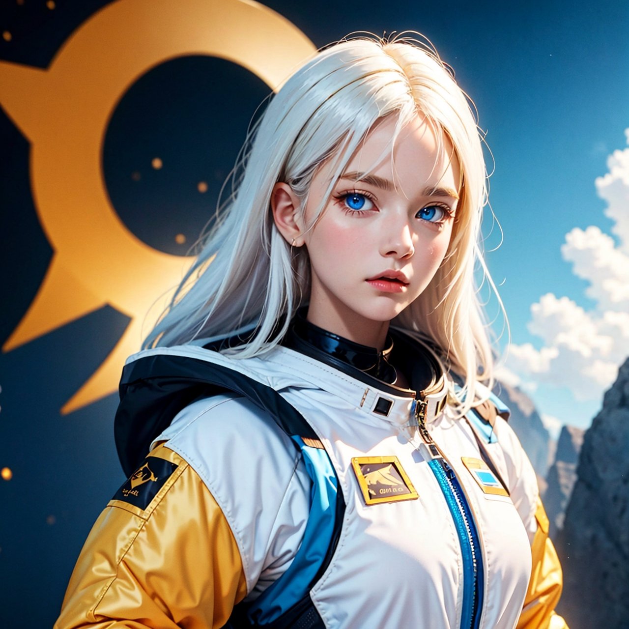 Woman with ,golden white hair,Blue eyes,,,black spacesuit