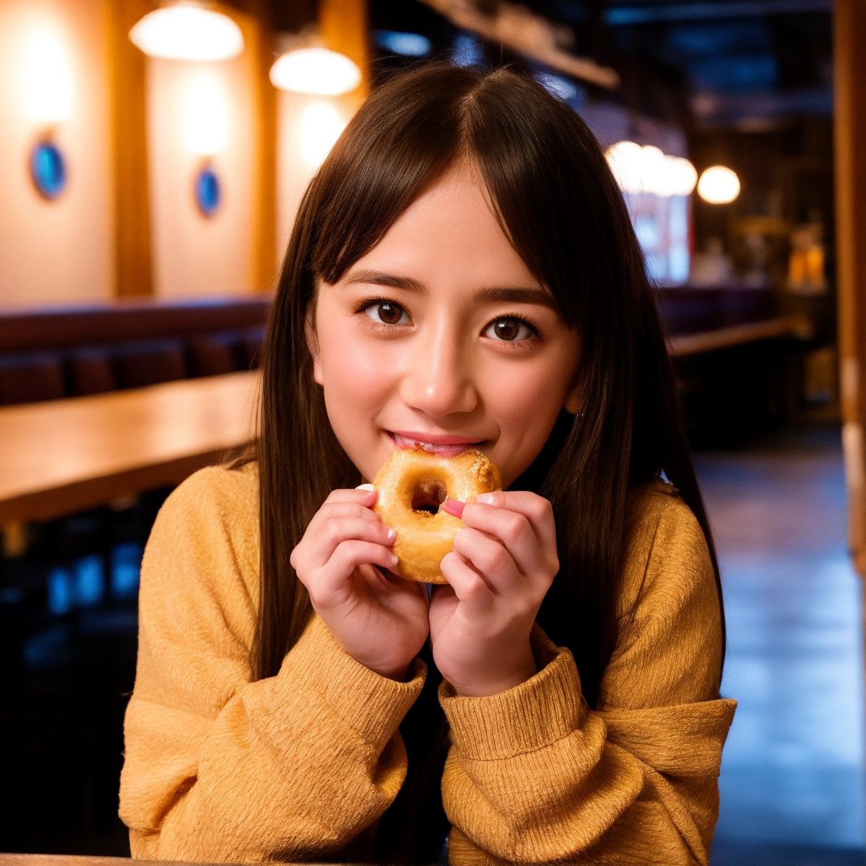 a girl eating a donut, photorealistic, highly detailed, intricate details, 1girl, beautiful girl, delicious donut, bright lighting, warm colors, glowing skin, shiny hair, detailed facial features, cute expression, smiling, sweet, relaxed, comfortable setting, cozy cafe, wooden table, plaid tablecloth, ambient background, detailed texture, realistic rendering, ultra-detailed, 8k, masterpiece, hyper-realistic, cinematic lighting