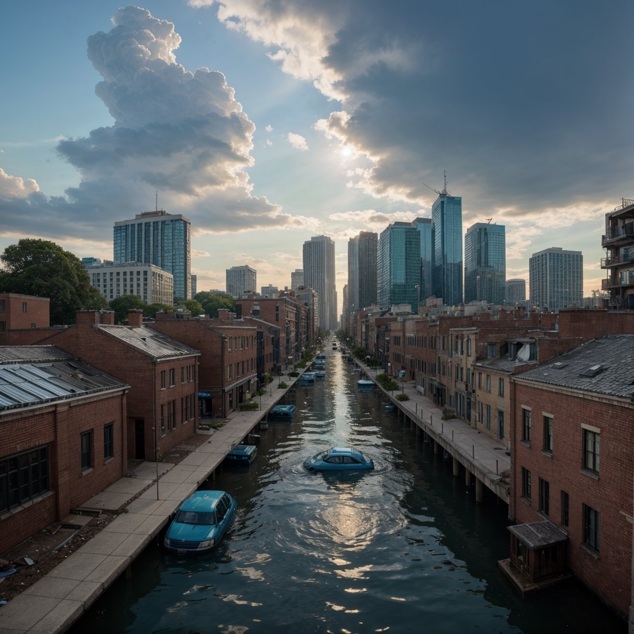 Create a post-apocalyptic scenario where water flooded the earth, with few trees and many structures and buildings. Add high-resolution details such as abandoned buildings, cracks in the structure, faulty electrical installations, and poor lighting. The scene should have a mysterious and dark tone, with elements of water and ruins, high resolution, hyper detailed, add vessels used as cities, ship cities, 8k, lots of quality