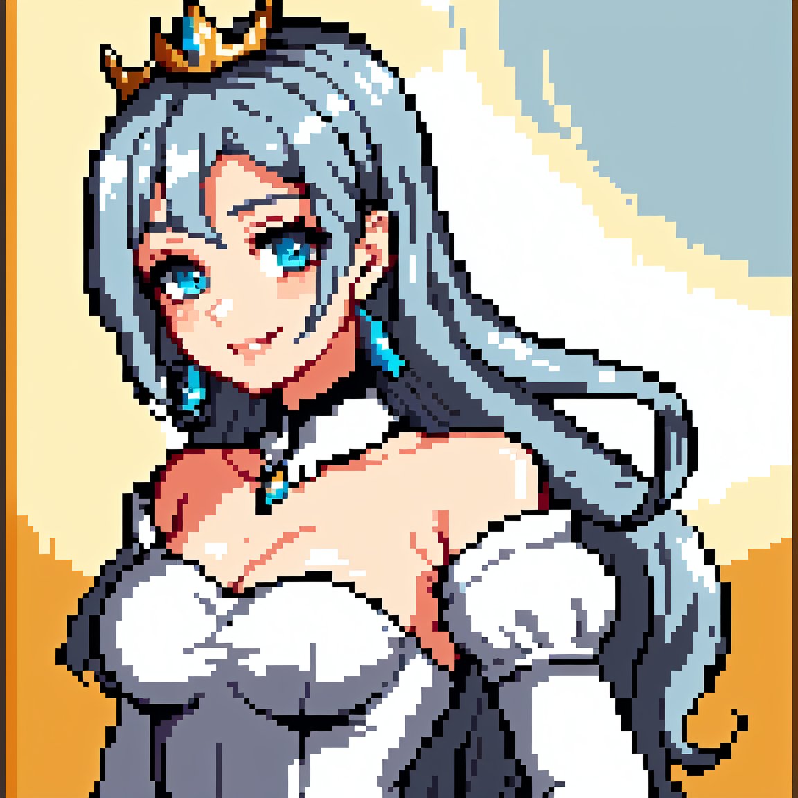 Very beautiful and charming girl, tender smile, silver long hair. She wears a very fancy and chaste princess outfit (Beautiful and elegant princess dress, silver tiara, elengat golden hairpin, beatiful earrings, elegant jewelry). Beautiful skin. Beautitul and detailed eyes. cyan eyes. Her eyes shine, her hair looks nice and shines too. Himecut hairstyle, golden earrings, shining golden hairpin. She's walking in the palace. Sunny day. That feminine beauty is present in her.