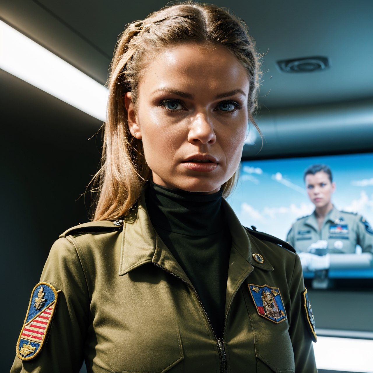 Movie Cover Image,Like a Real Person,Polite Dress,War War Fighter Action Cover Image),(Movie Reference Foundation : 1.8 ),Realistic,White Air Force General Uniform,(Realistic Face Resolution),Cinematic Poses,Adult,Skinny,Small,1 Woman with Dark Blonde Hair,Serious Face,Science Fiction,Sci-Fi,Different Characters