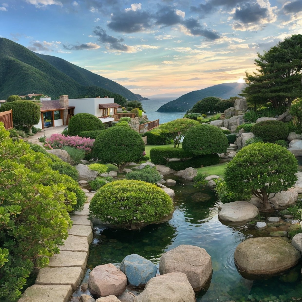 A serene place, very pleasant, beautiful, calm and beautifully landscaped. photorealistic, 8k uhd, studio quality, ultra realistic, maximum detail, large scale, postprocessing, photorealistic, photorealistic, photoshop, photography, detailed, cinematic lighting, landscape, panorama, scenery, ray tracing, cinema4d