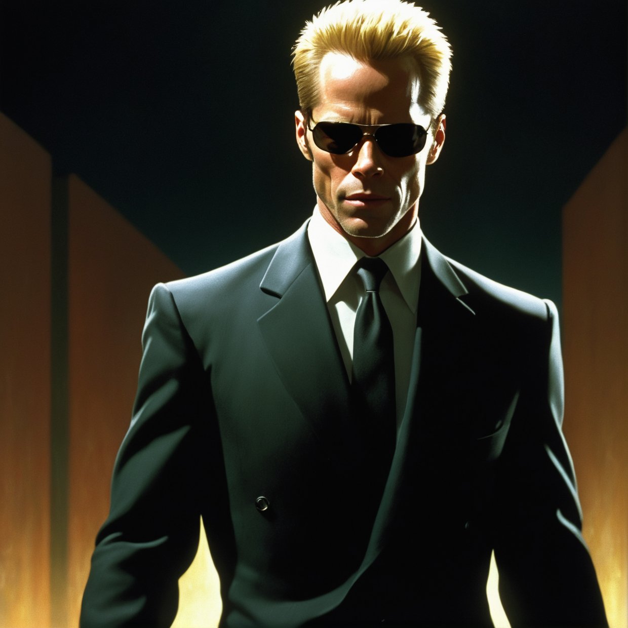 ((best quality)), ((masterpiece)), (detailed) fan art of evil blond man (Guy Pearce) in a pitch black suit emerging from the shadows, blond ((Guy Pearce)) stepping into the light towards the camera, Guy Pearce, the matrix (1999), square sunglasses, night, 80mm, ((western animation)), (Albert Wesker), (short hair), (extreme closeup),disney pixar style,GIRL