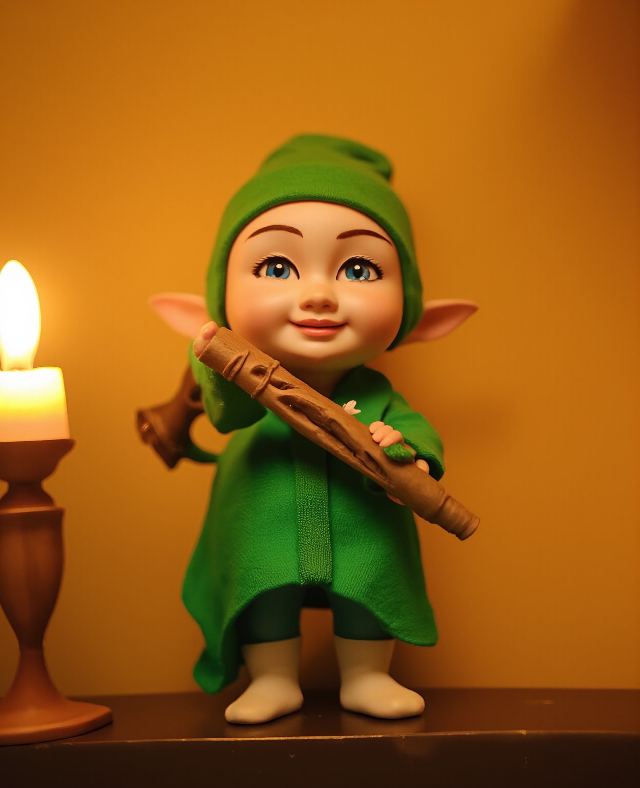 A whimsical portrait of an ELF: A tiny, pointy-eared being with a mischievous grin, dressed in a vibrant green tunic and matching leggings, against a warm golden background. The elf's bright blue eyes sparkle with playfulness as they hold a delicate wooden flute, its intricate carvings glowing softly under the soft light of a nearby candle.