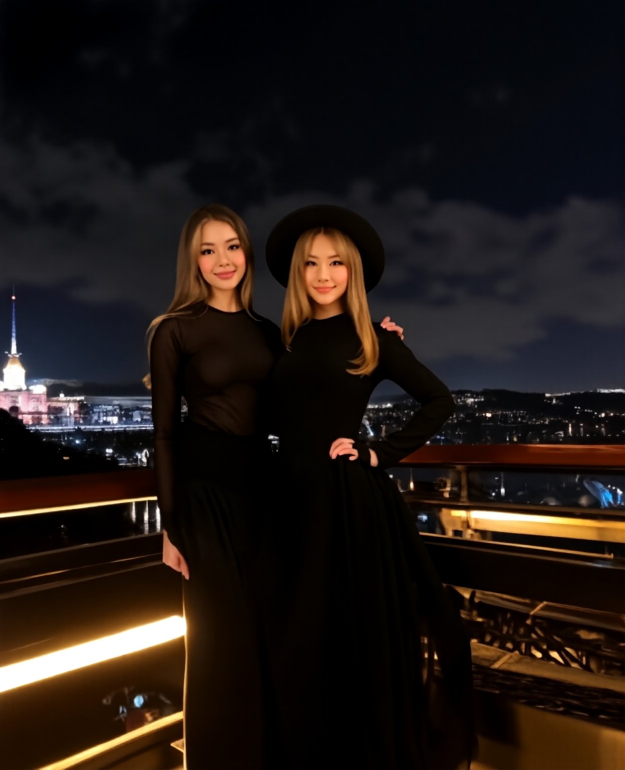 2 girls, beautiful detailed eyes, beautiful detailed lips, extremely detailed face, longeyelashes, elegant black dress, city night scene, smiling, wide-brimmed hat, (best quality,4k,8k,highres,masterpiece:1.2),ultra-detailed,(realistic,photorealistic,photo-realistic:1.37),high-quality digital art, intricate details, chiaroscuro lighting, cinematic composition