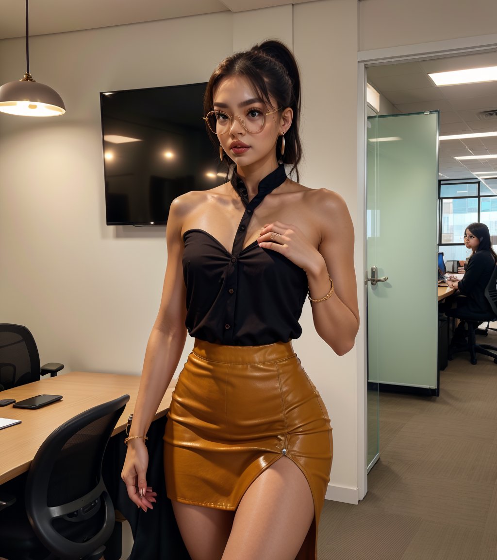 blouse,  lifting_skirt,burlywood_body, earrings, sunglasses,office,masterpiece, 8k photograph, instagram style, photo, male_pov, teasing,risky