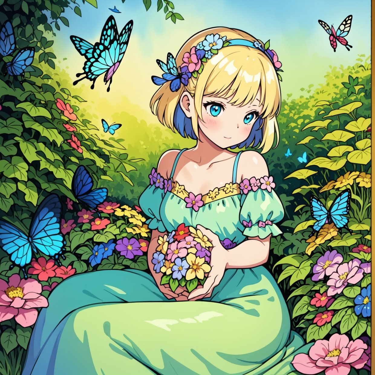 A beautiful girl in a fairy costume, surrounded by flowers and butterflies. Content: watercolor painting. Style: whimsical and delicate, like a children’s book illustration.