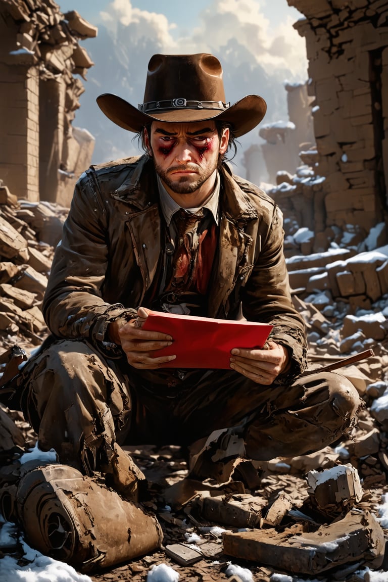 (extremely detailed CG unity 8k wallpaper),(masterpiece), (best quality), (ultra-detailed), (best illustration),(best shadow), (sharp eyeliner, eyeshadow, detailed eyes:1.1), (ruins, destruction, rubble, snow:1.2), cowboy shot, ,BREAK, FNC, (red envelope on lap, emotionless, tears, ptsd, torn clothes, damaged, dirty, on knees:1.1)