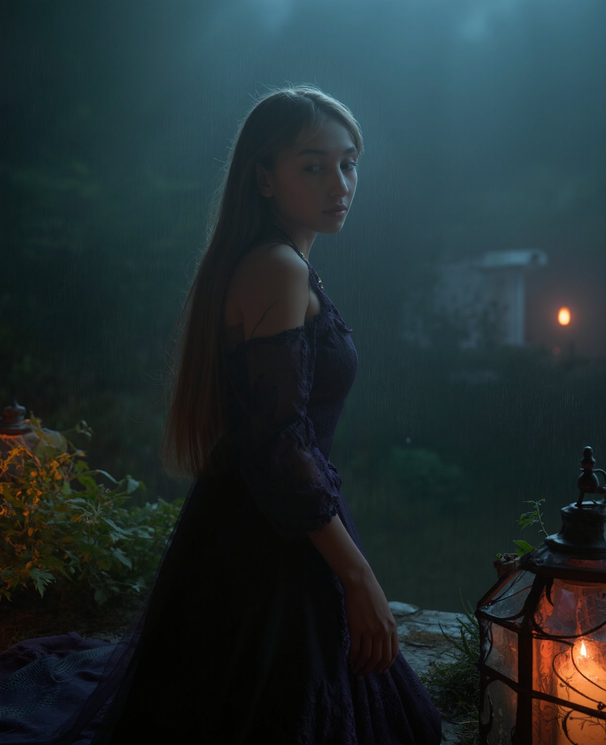 (extremely detailed CG unity 8k wallpaper), a beautiful young woman in the rain, dress, sitting, graveyard with lanterns, Style-Empire, (Style-Glass), (((surrealism))), full_body_shot, dramatic, backlit, light rays, volumetric lighting, detailed face, highly detailed, painting