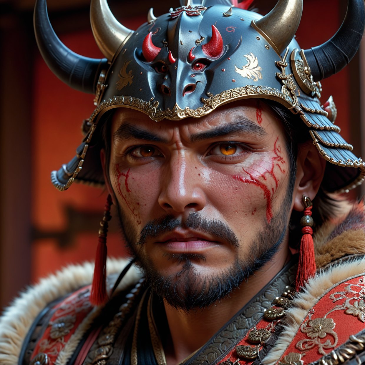 man in samurai armor with fur around the neck and waist, wearing devil helmet, dusty detail ornaments, battle weary, man warrior, armor, epic, face scar, dnd character portrait, intricate, 8k resolution, dynamic lighting, hyperdetailed, unreal 5, volumetric lighting, alphonse mucha, pre-raphaelite, detailed background, mandala, detailed face, detailed eyes, neon eyes