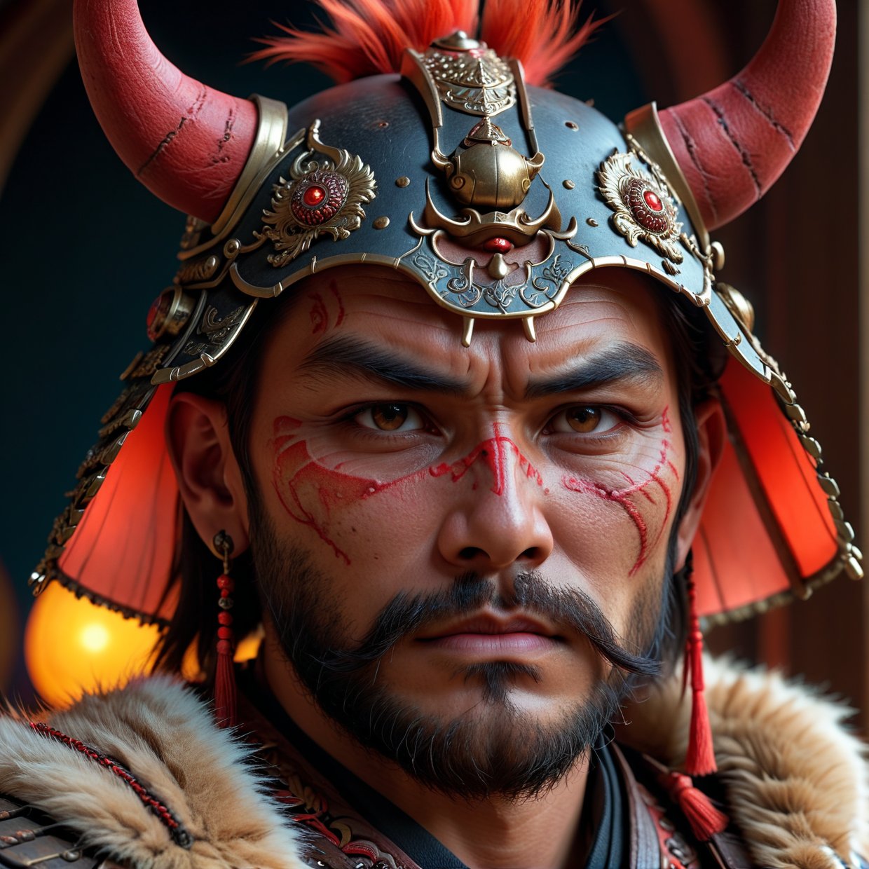 man in samurai armor with fur around the neck and waist, wearing devil helmet, dusty detail ornaments, battle weary, man warrior, armor, epic, face scar, dnd character portrait, intricate, 8k resolution, dynamic lighting, hyperdetailed, unreal 5, volumetric lighting, alphonse mucha, pre-raphaelite, detailed background, mandala, detailed face, detailed eyes, neon eyes