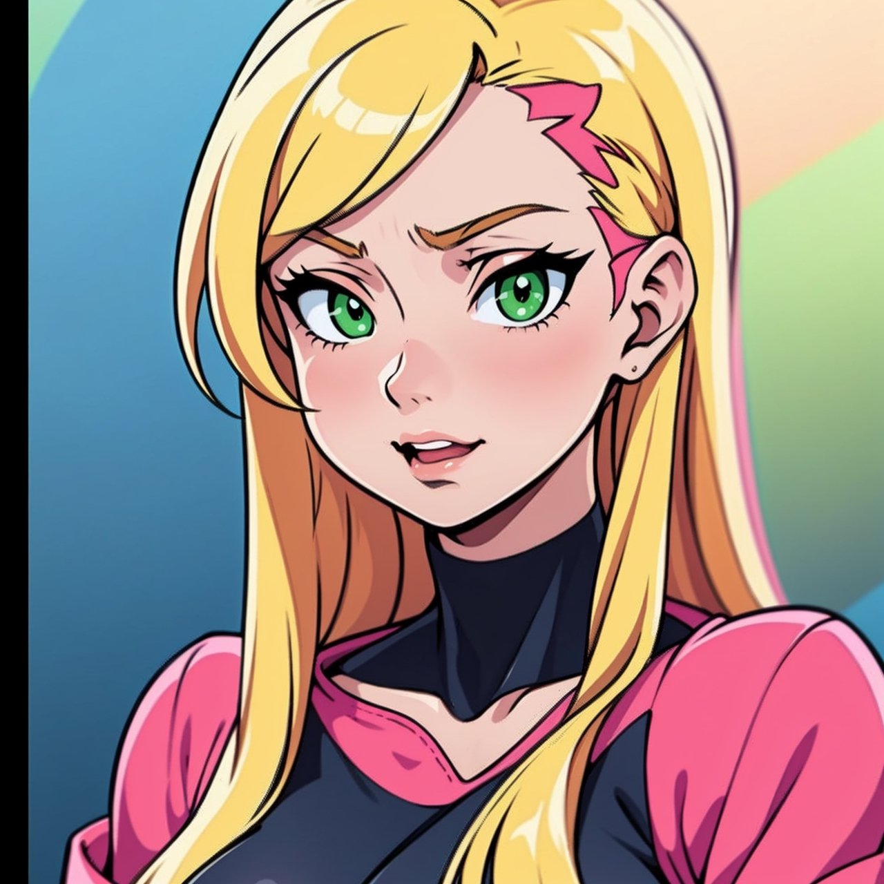 woman blonde hair green eyes and pink batm and a black top, realistic art style, RossDraws portrait, Artgerm portrait, Anime realistic artstyle, 4K realistic digital art, 4K realistic digital art, 8K Artgerm Bokeh, DeviantArt Artstation CGScosiety, ArtGerm extremely detailed, made with anime painter studio, RossDraw digital painting,