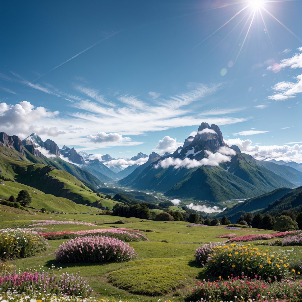 a beautiful lush green field with colorful flowers, towering snow-capped mountains in the background, sunlight filtering through clouds, serene and peaceful atmosphere, highly detailed, photorealistic, 8k, intricate details, vivid colors, natural lighting, landscape, panoramic view, majestic, breathtaking