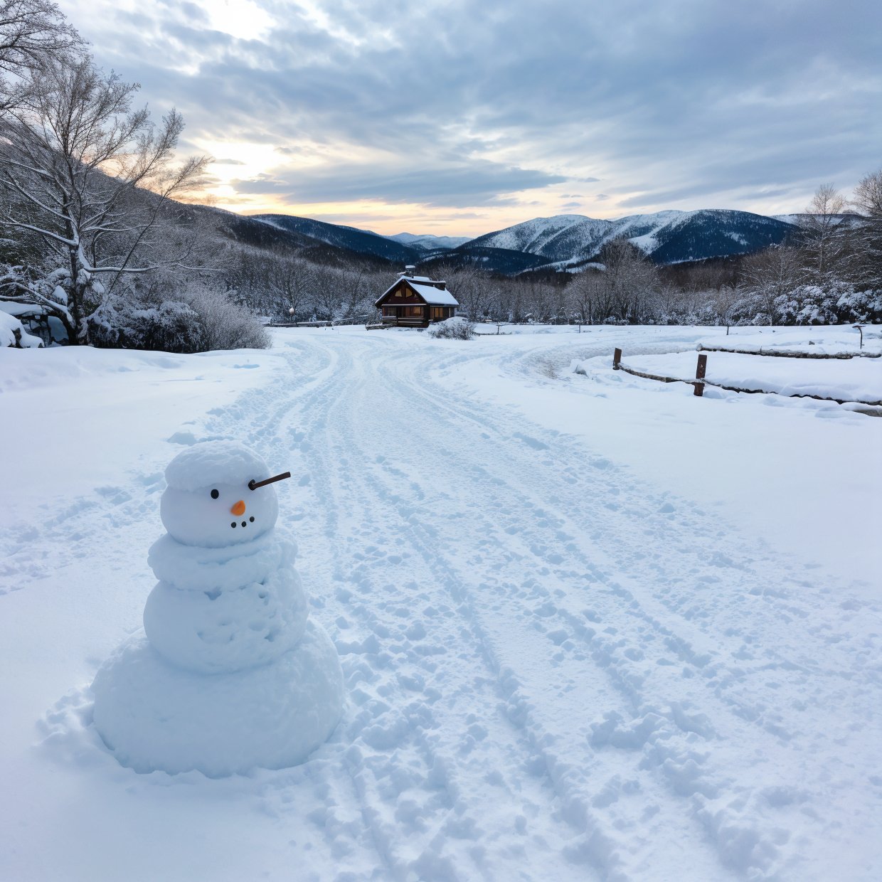 a snow-covered landscape, a beautiful winter scene, snowflakes falling, snow-covered trees, a frozen lake, a cozy cabin in the woods, people ice skating, snowman, warm lighting, soft pastel colors, serene and peaceful atmosphere, detailed and realistic, (best quality,4k,8k,highres,masterpiece:1.2),ultra-detailed,(realistic,photorealistic,photo-realistic:1.37),landscape,winter,snow,frozen,cabin,ice skating,snowman,warm lighting,soft pastel colors,serene