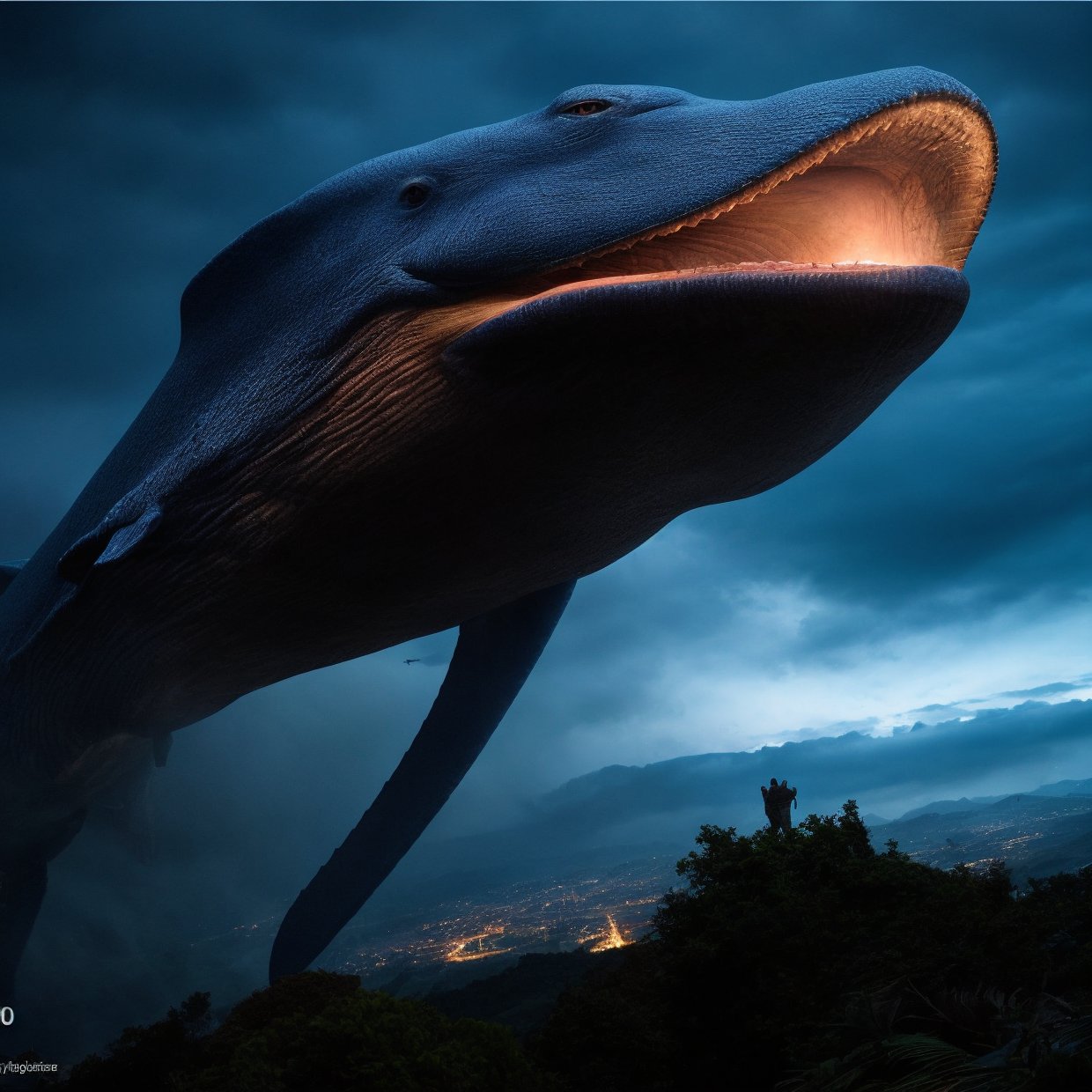 1 giant blue whale flying over a serene ocean landscape, cinematic dramatic lighting, detailed realistic texture, beautiful detailed eyes, beautiful detailed lips, extremely detailed face and features, long eyelashes, graceful posture, majestic and awe-inspiring, (best quality,4k,8k,highres,masterpiece:1.2),ultra-detailed,(realistic,photorealistic,photo-realistic:1.37),cinematic lighting,dramatic colors,dramatic atmosphere,epic scale,intricate details,seamless blend of realism and fantasy