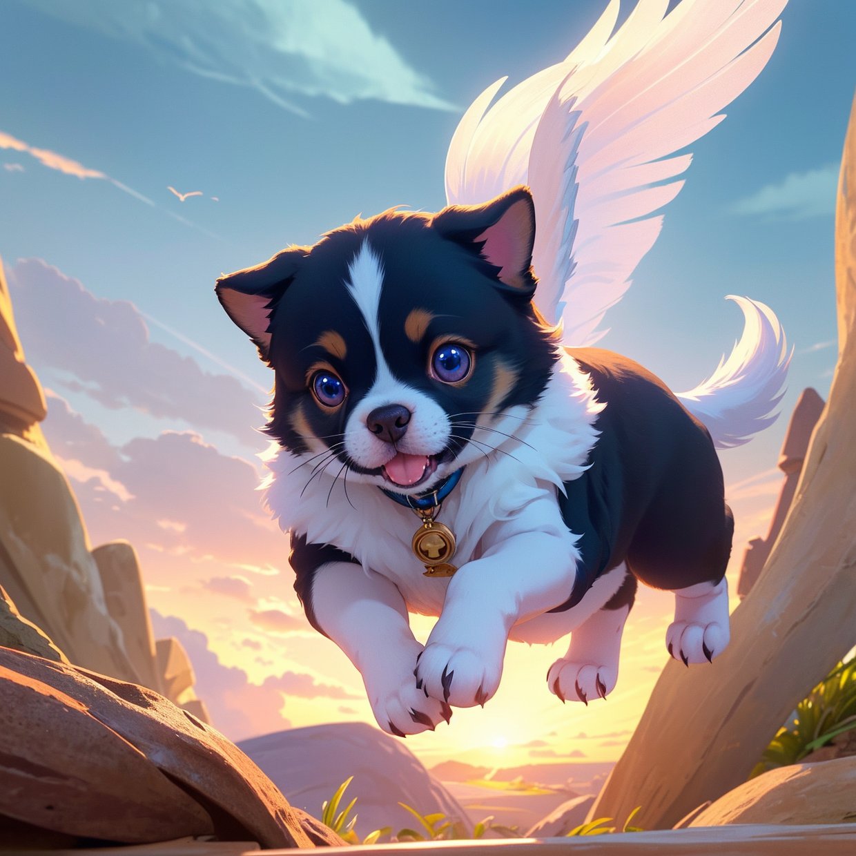 (a cute flying puppy,1 puppy,puppy flying through the sky,extremely detailed,high quality,photorealistic,beautiful fur,adorable face,big eyes,button nose,small paws,fluffy tail,glowing,ethereal,magical,dreamlike,vibrant colors,soft lighting,depth of field,cinematic)