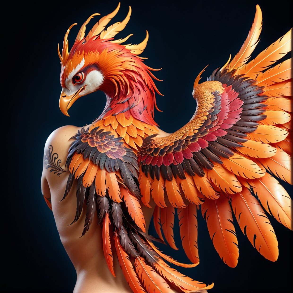 a highly detailed back tattoo of a phoenix, intricate wing details, vibrant red and orange feathers, realistic shading and texturing, dark shadows, dynamic poses, hyper-realistic, photorealistic, 8k, best quality, masterpiece
