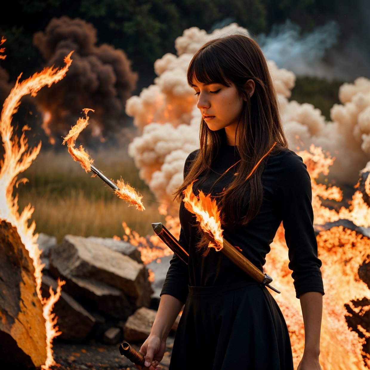 1girl, bangs, breathing fire, burning, burnt clothes, embers, ahoge, beige hair, multicolored hair, fire, flame, flaming sword, (hand on hilt), standing, long hair, pyrokinesis, expressionless, smoke, flower(symbol), solo, sparks, sunset, twilight, white flower, molten rock, lily (flower), fiery flower, depth of field, burning ,