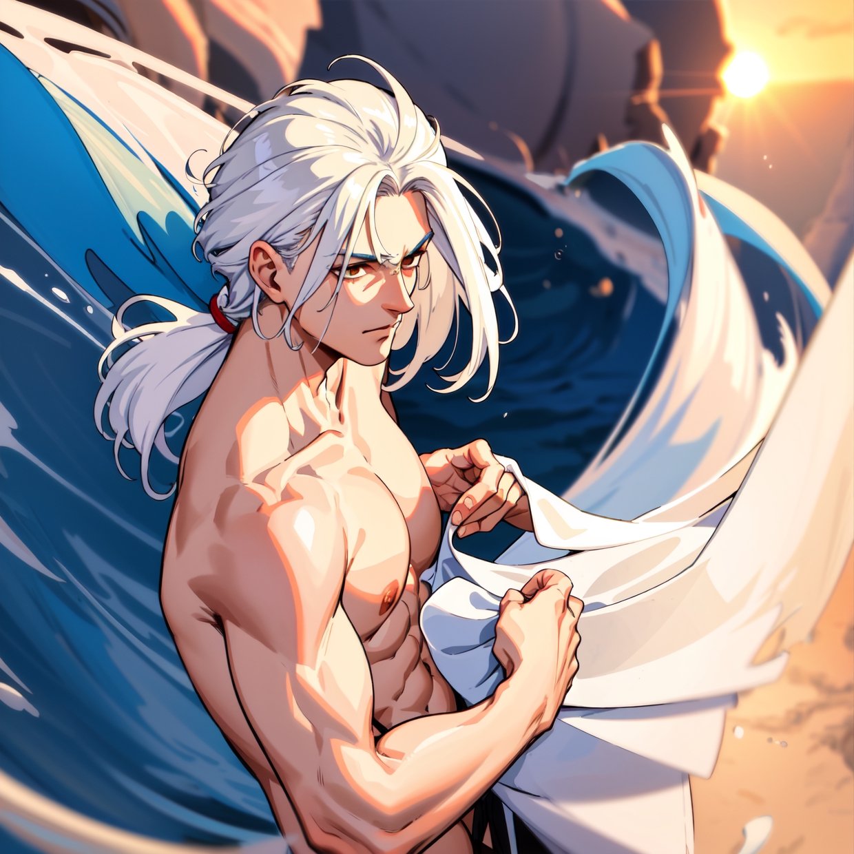 long shot of a Varied Relaxing Albanian Male Veterinarian, White hair styled as Shaggy, background is Glacier, at Sunset, soft focus, Light, soft light, F/8, Beige and Navy Blue splash, Swirling, extremely hyper aesthetic