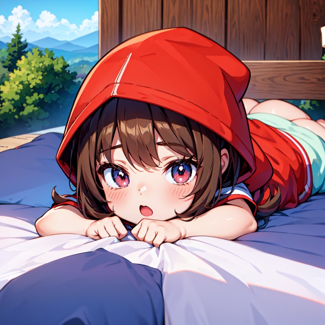 pokekid, pokekid, brown hood, hood, 1girl, best quality, outdoor, high definition, cute, lying on the cute bed,