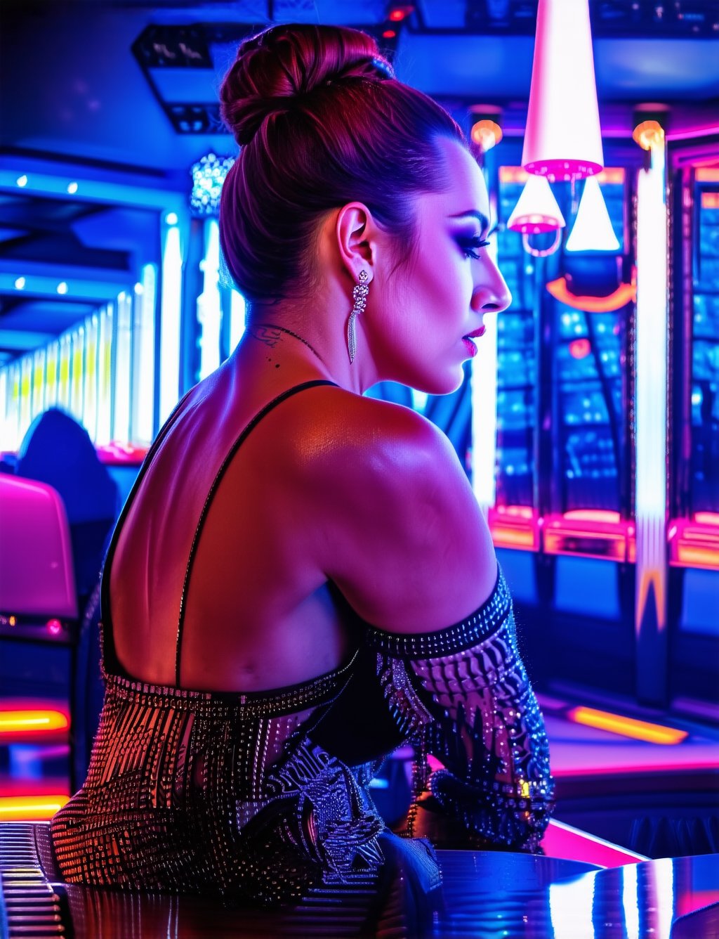  Portrait of Abigail: a stunning woman with an updo, sitting at the bar in a nightclub. This masterpiece is of the best quality, ultra-detailed, and perfect for an 8k HDR wallpaper. Featuring cinematic lighting with sharp focus and intricate details.