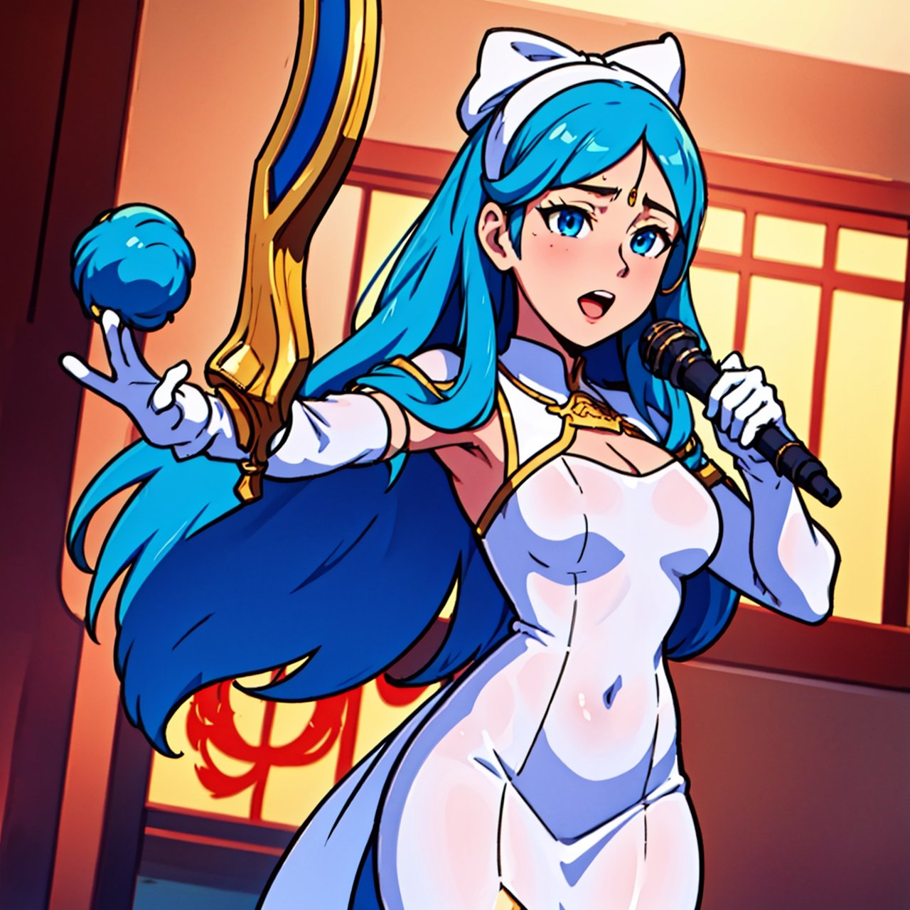 1girl, highres, masterpiece, solo, anime, absurdres, detailed face, perfect eyes, azura (fire emblem), upper body, full body, white dress, jewelry, white gloves, cityscape, holding, staff, singing