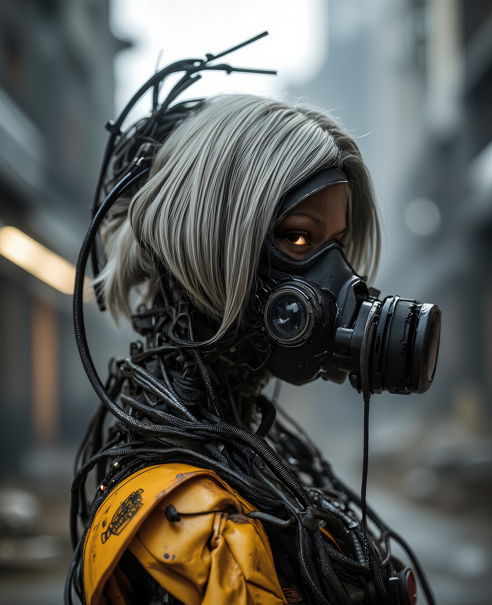 (masterpiece:1.2,high quality), 1girl, ((ultra realistic details)), global illumination, shadows, Unreal Engine, octane render, 8k, ultra sharp, metal, intricate, ornaments detailed, highly intricate details, yellow eyes, (mechanical body:1.2), white hair, (black gas mask), Gear, bob cut, hundreds of wires, Terran, (Robot, android:1.15), Apocalypse, broken buildings