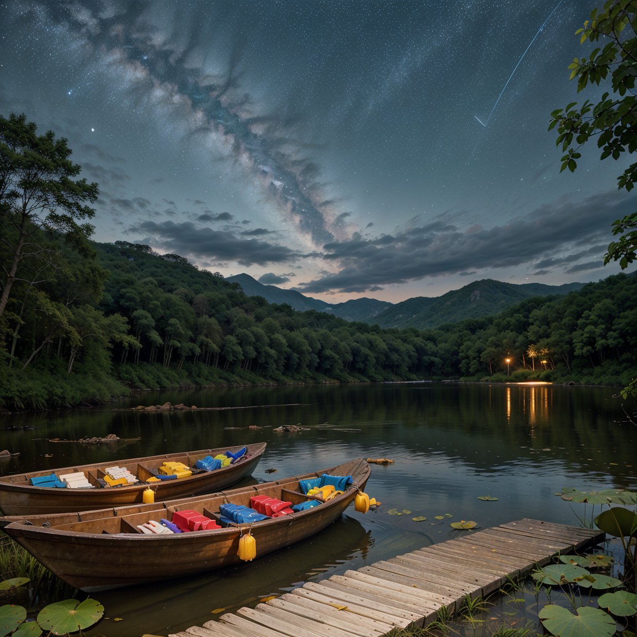 Colored line drawing night tranquil starry sky and lake water, water lily, bridge, highly realistic and detailed painting, crayons, colored pencil