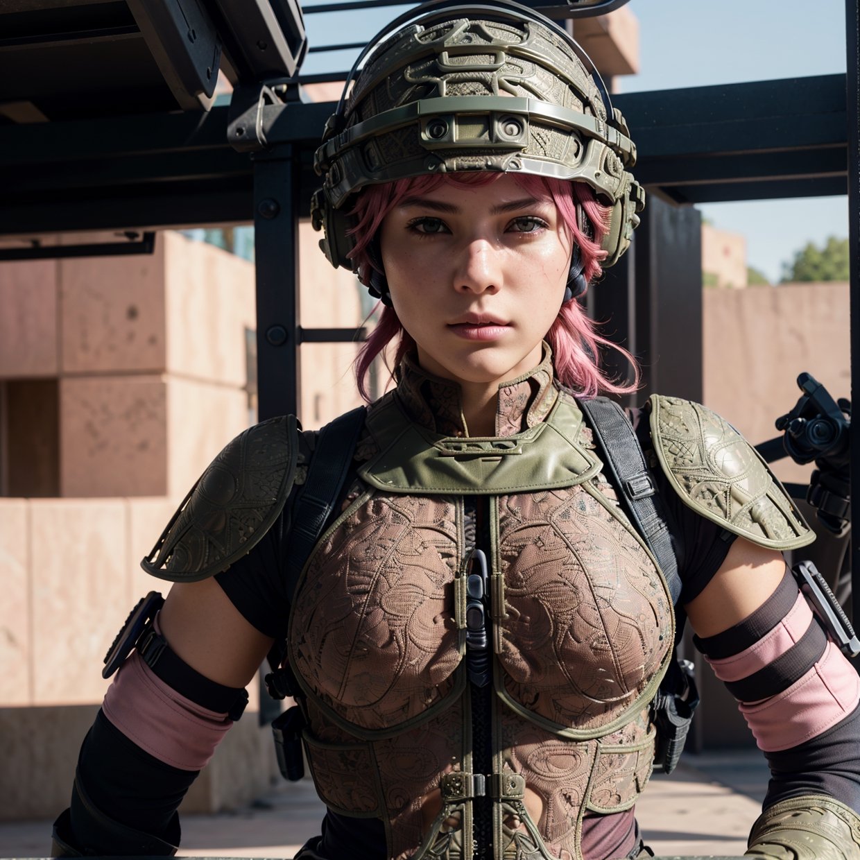 style of metal gear solid, (detailed intricate full cover tactical helmet:1.3), (pink hair), cowboy shot, dynamic pose, 1girl, solo, ray tracing, (masterpiece), (best quality), (detailed), (detailed tactical gear:1.1), (body armor:1.1), combat pants, gloves, (intricate background:1.1),Masterpiece