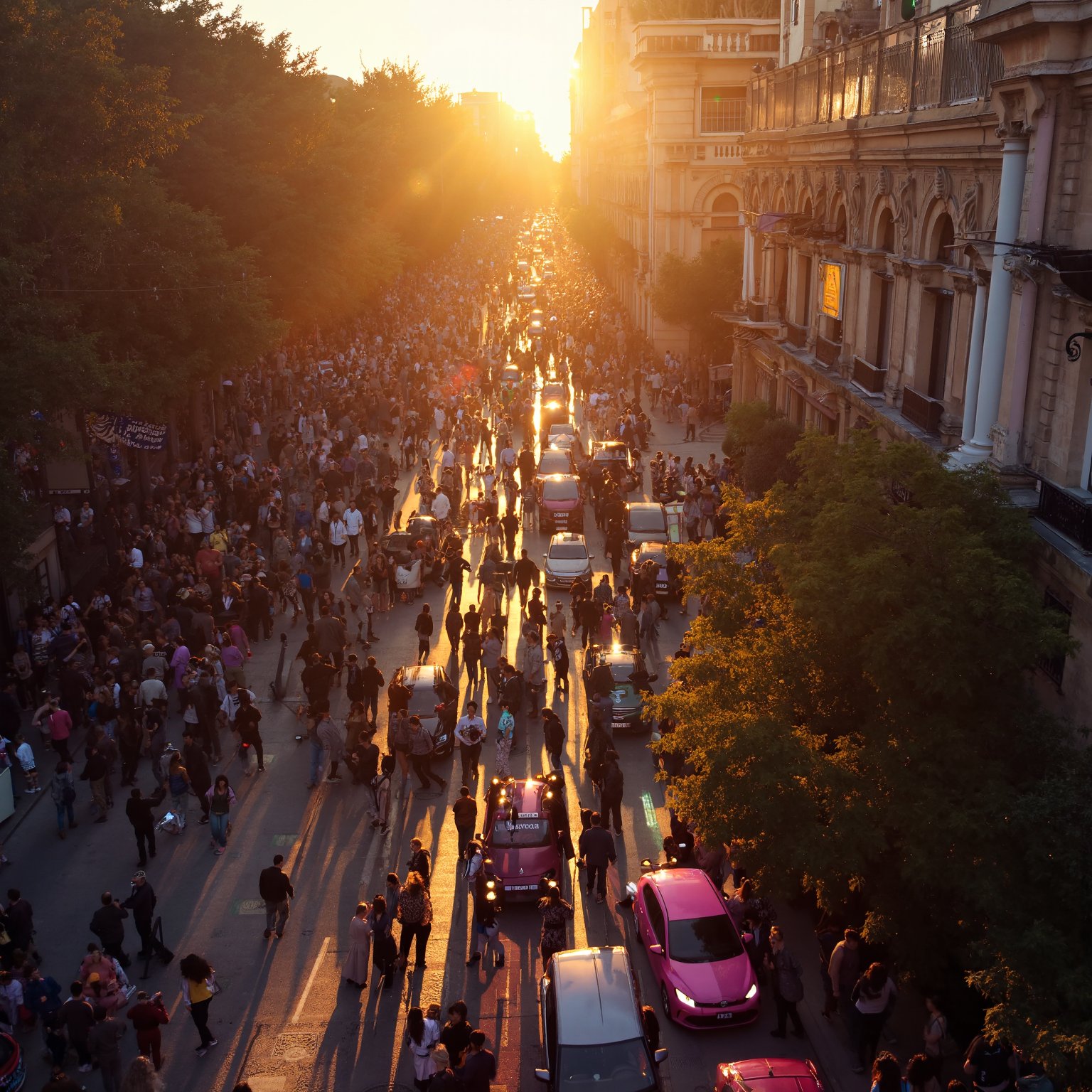 Overhead perspective captures the frenetic energy of Calle Llena de Gente as the day's final moments unfold. Warm sunset hues cast a golden glow on the throngs of pedestrians flowing in every direction. Vibrant pink accents from parked cars along the sidewalk pop against the long shadows stretching across the street, while the distant sounds of laughter and chatter fill the air.