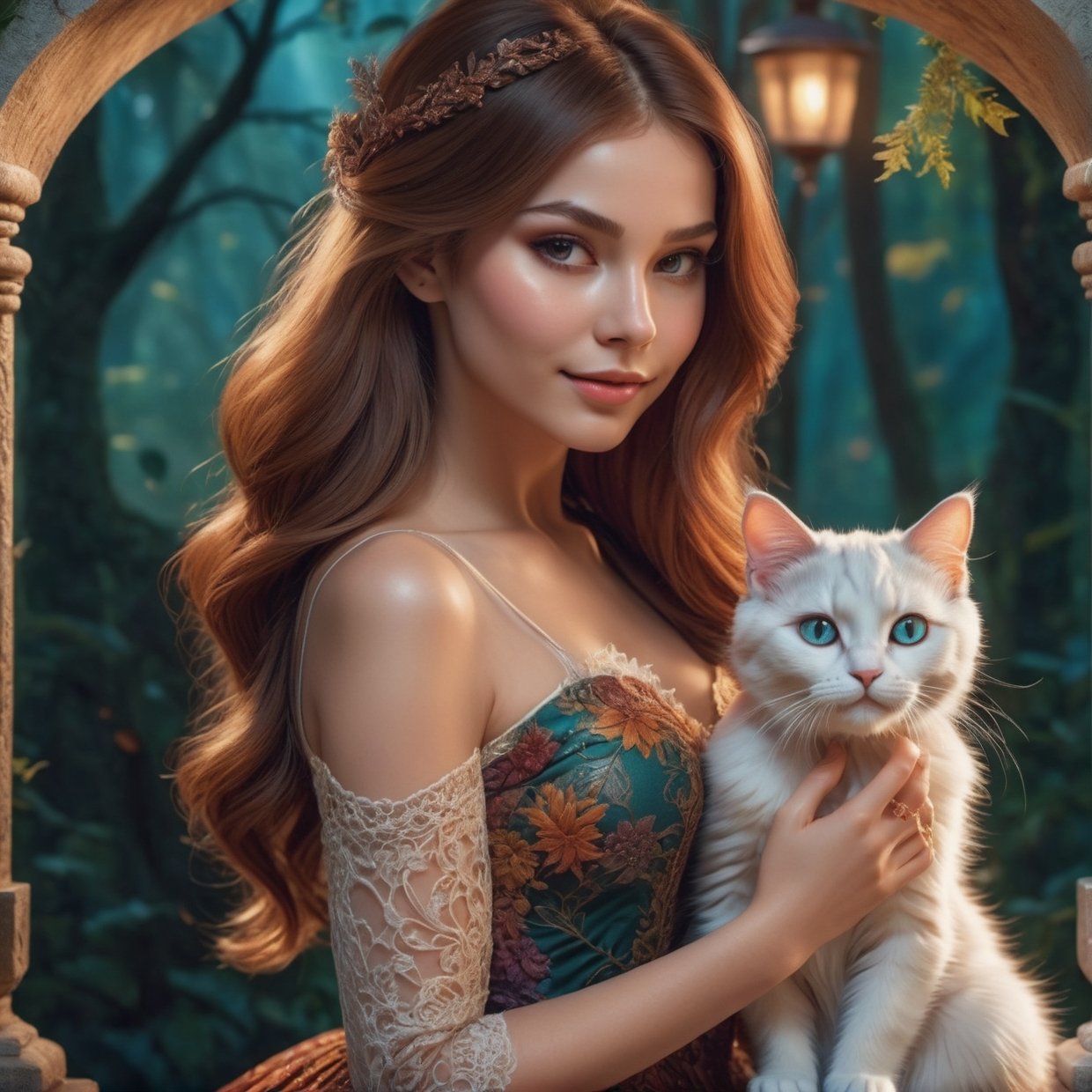  A beautiful girl with a cute cat, elegant dress, long flowing hair, detailed facial features, intricate lace pattern on dress, warm lighting, magical fantasy forest background, highly detailed, 8K, photorealistic, vibrant colors, dramatic composition