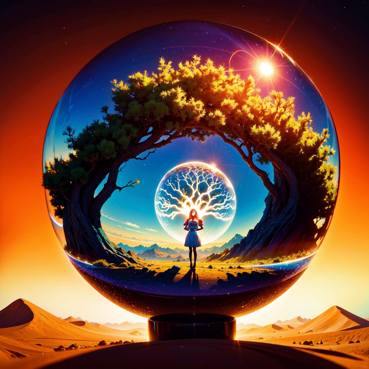 arafed image of a tree inside a glass ball on a desert landscape, tree of life inside the ball, surrealistic digital artwork, surrealism 8k, surreal digital art, surreal art, surreal 3 d render, 3d render digital art, marc adamus, surreal concept art, 3 d render beeple, stylized digital art, 4 k surrealism