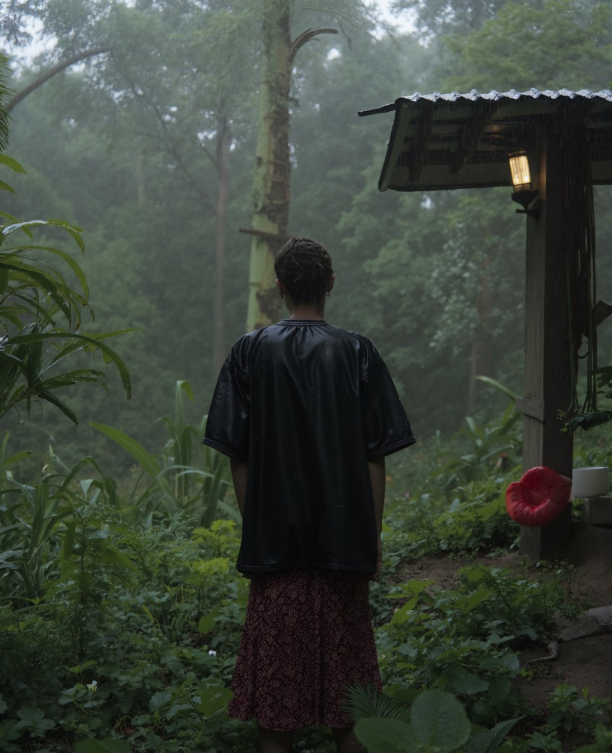 1girl in garden ,rain, skirt, shirt black