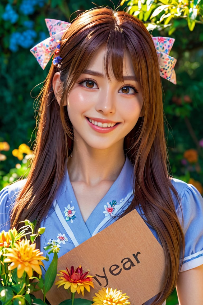 A anime girl holding a sign that says "1 year tensor art", detailed portrait, beautiful woman, looking at camera, smiling face, detailed facial features, detailed eyes, detailed nose, detailed lips, long hair, outdoor scene, sunlight, garden, flowers, colorful, vibrant, photorealistic, 8k, high resolution, masterpiece