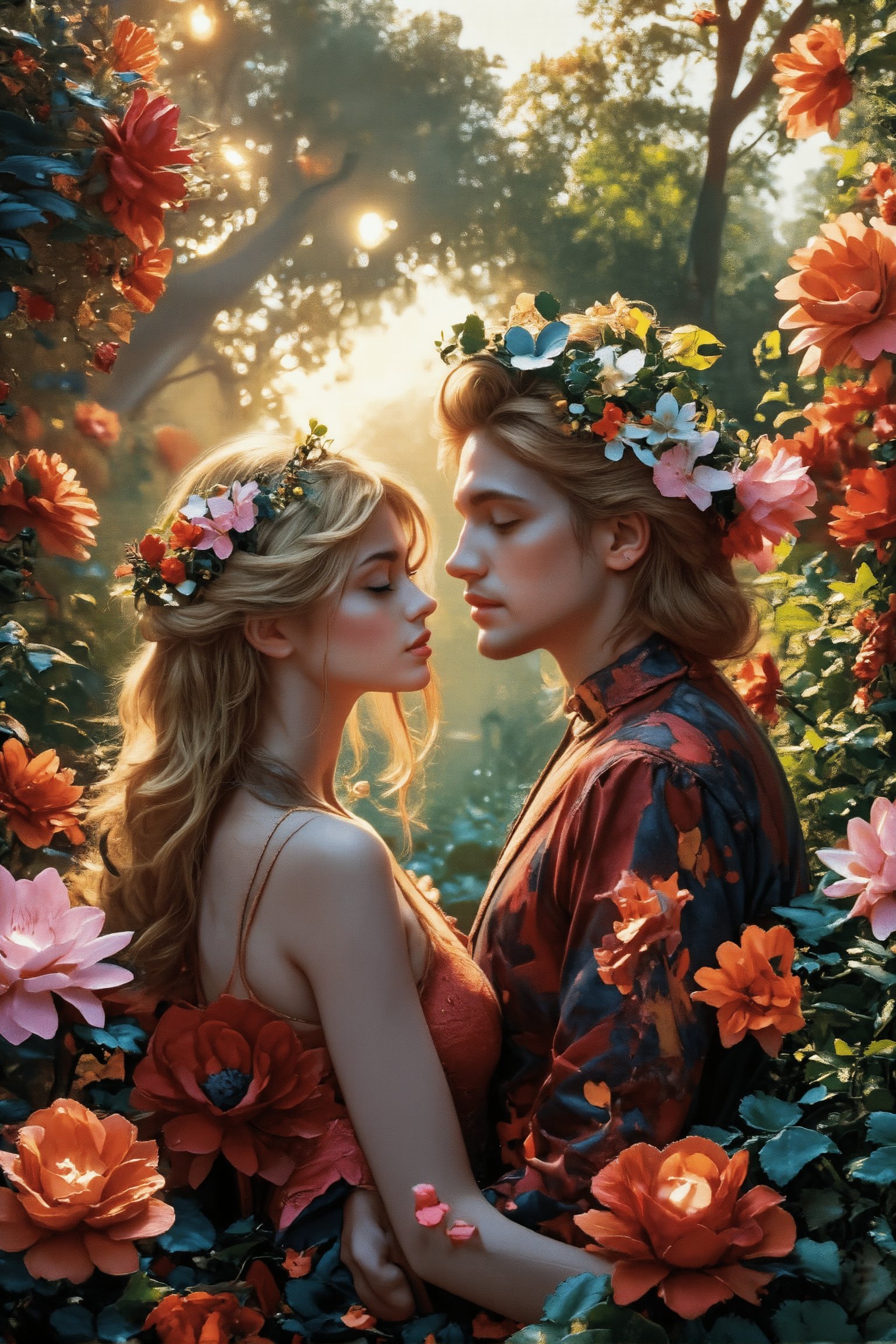 A tender moment unfolds in a lush garden setting, where a woman's lips meet those of a man amidst a kaleidoscope of colorful flowers. Soft sunlight filters through the blooms, casting dappled shadows on their faces as they share a romantic kiss. The gentle rustle of petals and leaves provides a serene backdrop for this intimate scene.