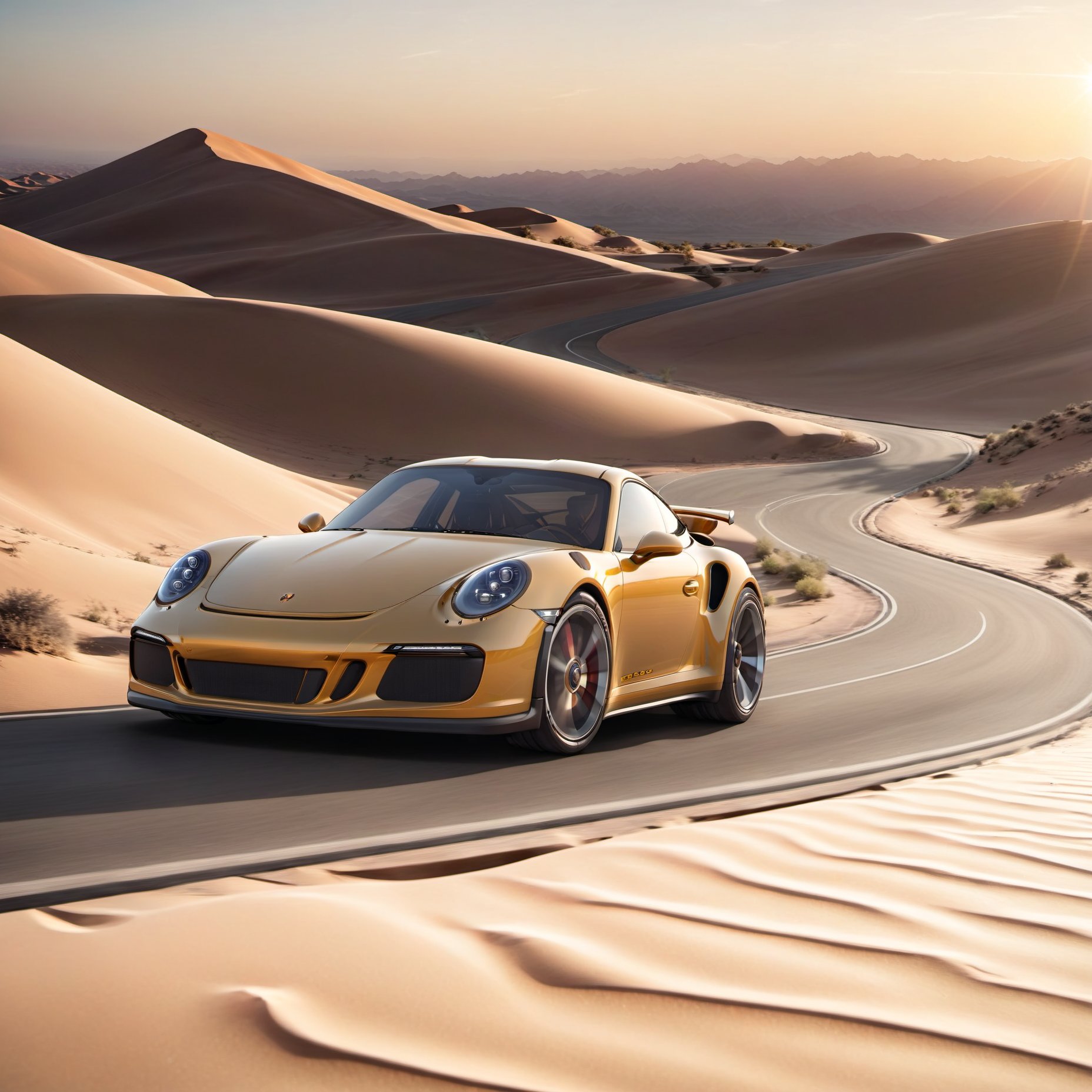 A sleek Porshe 911 navigates through a vast, golden-hued desert landscape, with the sun setting low on the horizon. The sports car's glossy black finish seems to absorb the radiant light, while the sandy dunes stretch out in every direction, creating a sense of isolation and freedom.