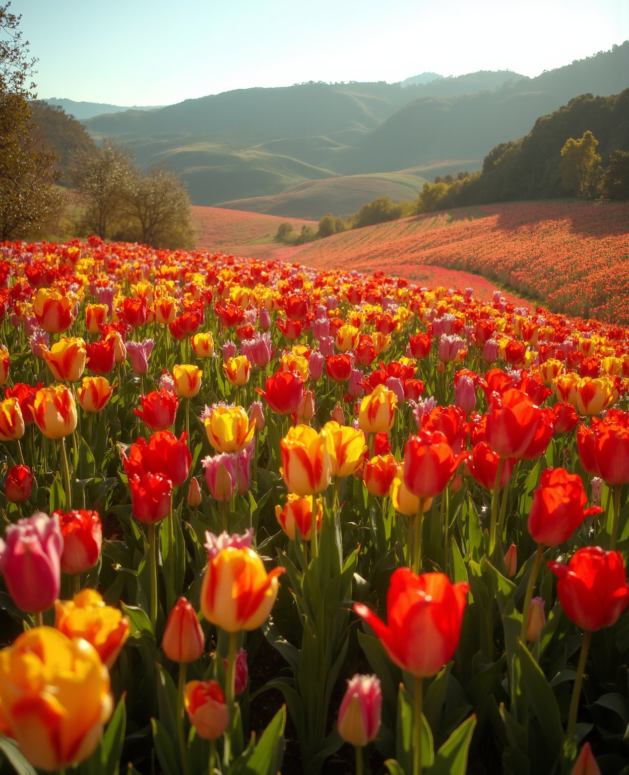 A beautiful field of colorful tulips in full bloom, vibrant petals, lush green foliage, rolling hills in the background, warm golden sunlight, serene pastoral landscape, breathtaking natural beauty, (best quality,4k,8k,highres,masterpiece:1.2),ultra-detailed,(realistic,photorealistic,photo-realistic:1.37),intricate floral details,vibrant colors,natural lighting,landscape,flower field,spring scene,pastoral,idyllic,tranquil