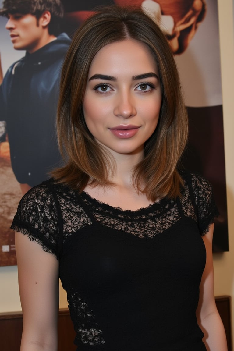  A young woman stands confidently against a movie poster backdrop, her gaze directed straight at the camera, exuding an air of confidence and allure, She wears a black top with a lace pattern, her features softly highlighted by even lighting, Off-center placement draws the viewer's eye towards her, while a subtle hint of a man in the background adds depth to the scene, The movie poster suggests a possible movie theater setting, 